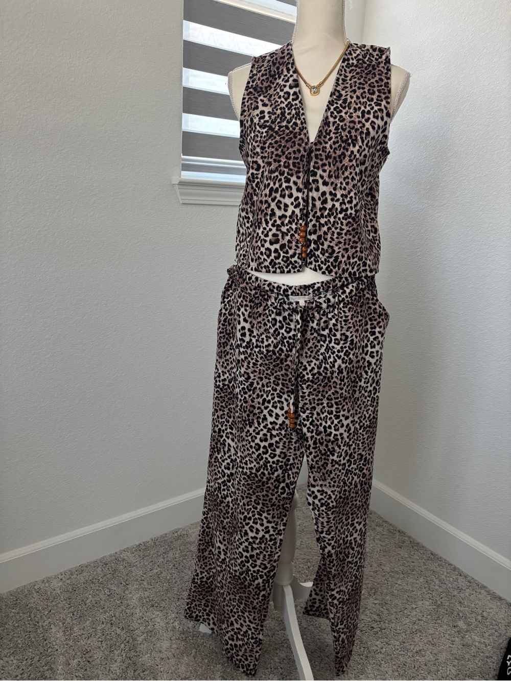 Leopard Print Sleeveless Jumpsuit Set - Brown/Black